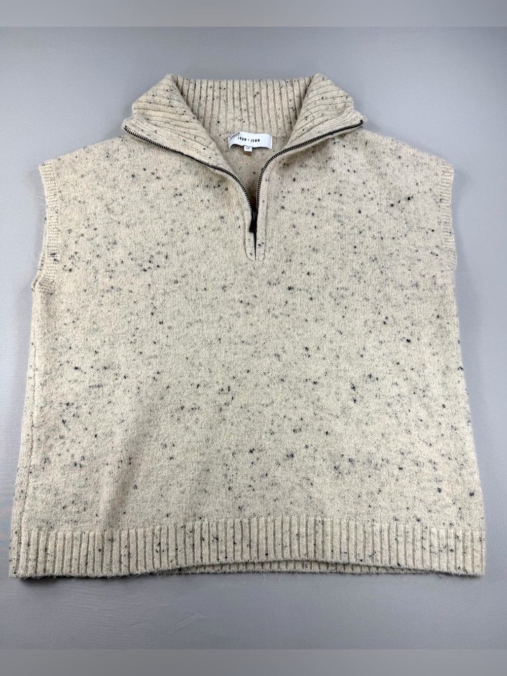 John + Jenn Speckled Sweater Vest S Quarter Zip Oversized Preppy Knit Cream